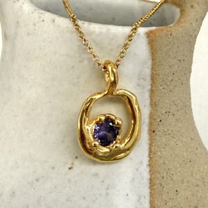 One-of-a-Kind Hand-Carved Organic Open Halo Necklace with Purple Zirconia